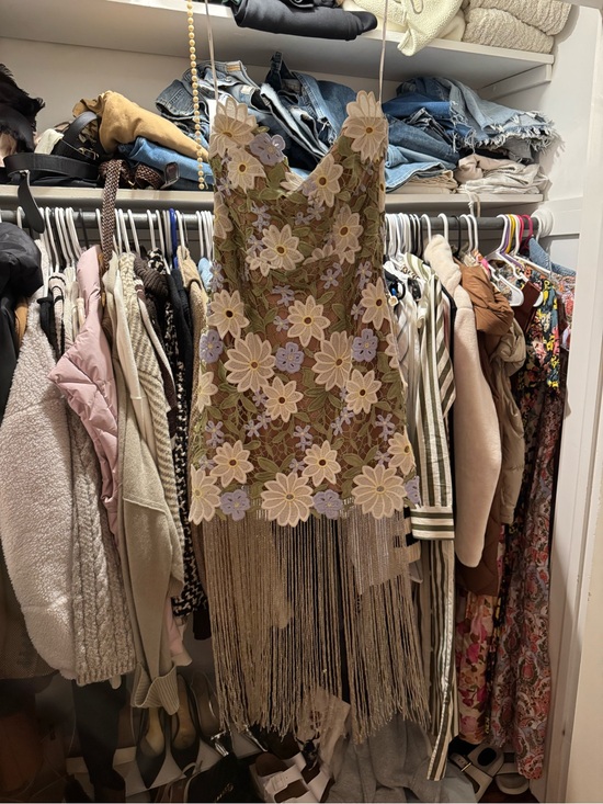 Elliatt Dresses & Skirts - Elliatt Olive Mini Dress with Pastel Floral Embroidery and Fringe